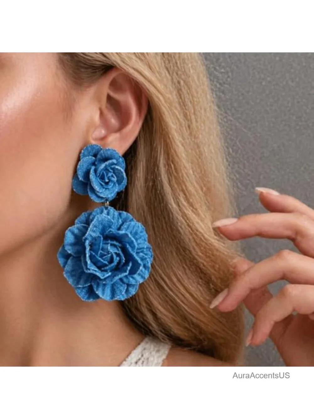 Denim Flower Statement Earrings, Boho Fabric Rose Dangle Earrings Lightweight